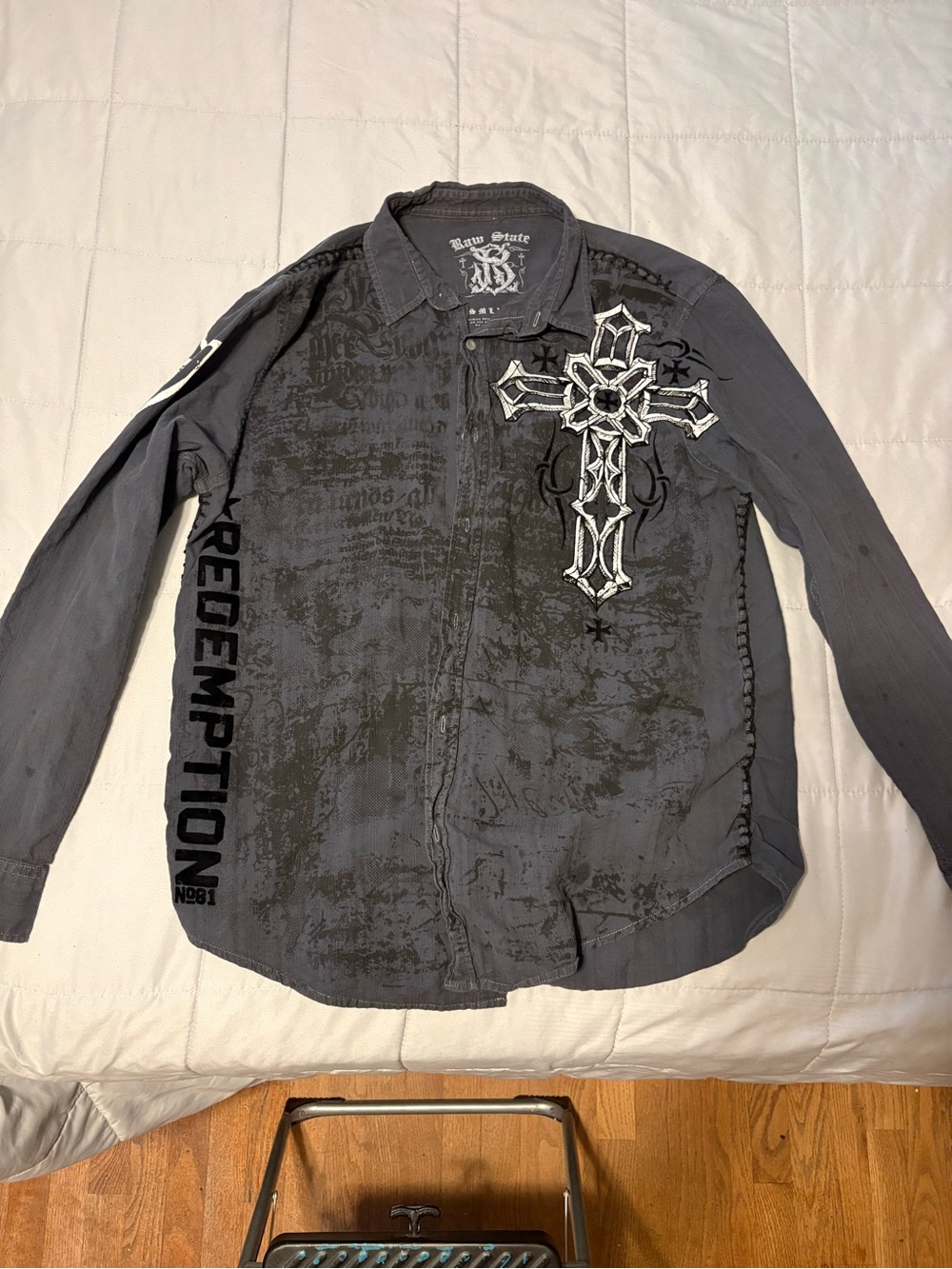 Affliction Gray Button-Up Shirt Jacket with Cross Motif